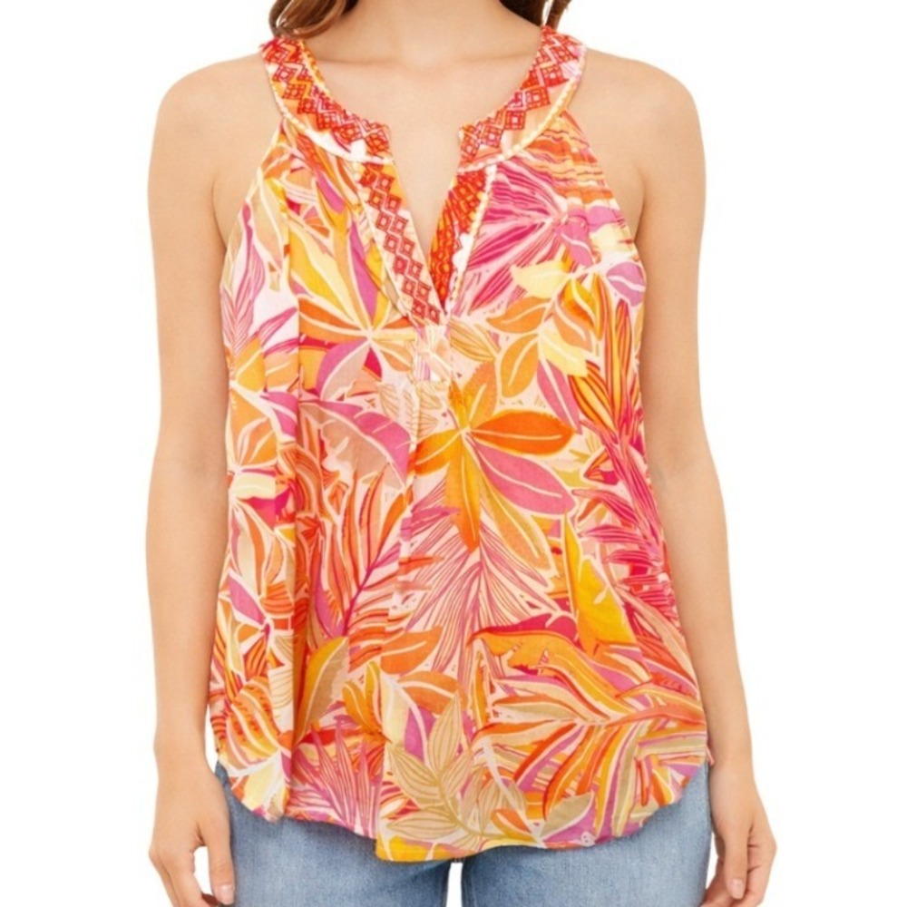C&C‎ California Womens Tropical Palm Print Embroidered V-Neck Cotton Tank Top M